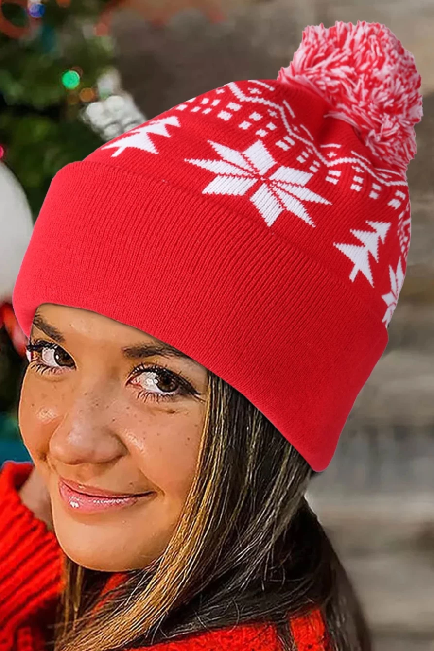 "Shewin Women's Fiery Red Christmas Geometric Pompom Cuffed Beanie Hat"