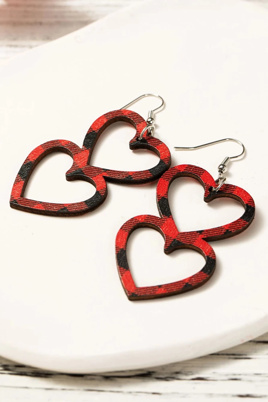 Shewin Fiery Red Plaid Double Love Heart Wooden Earrings for Women - Valentine's Day Gift