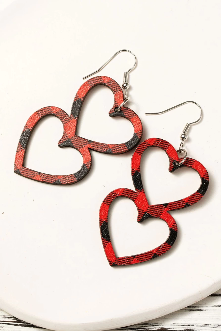 Shewin Fiery Red Plaid Double Love Heart Wooden Earrings for Women - Valentine's Day Gift