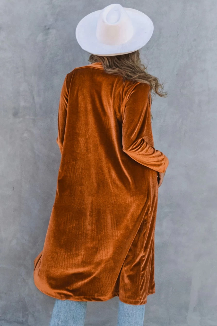 Shewin Women's Brown Velvet Long Coat with Lapel Collar and Pockets