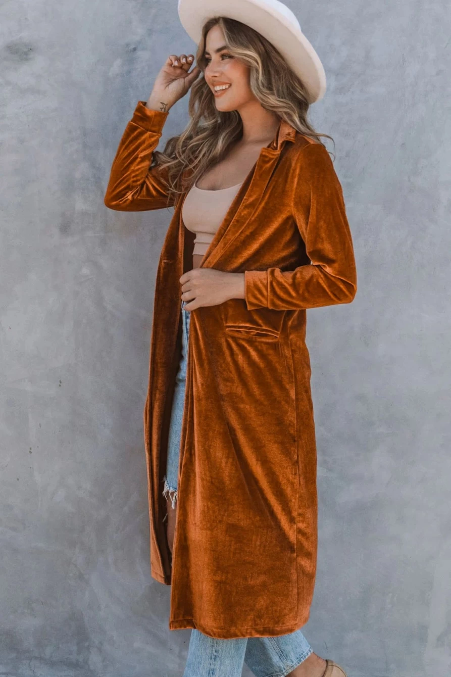 Shewin Women's Brown Velvet Long Coat with Lapel Collar and Pockets