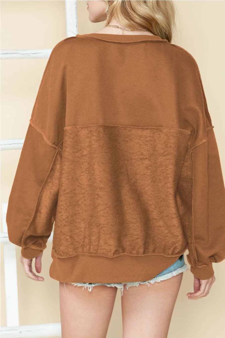 Women's Chestnut Slouchy Drop Shoulder Henley Sweatshirt | Shewin Casual Comfort Pullover