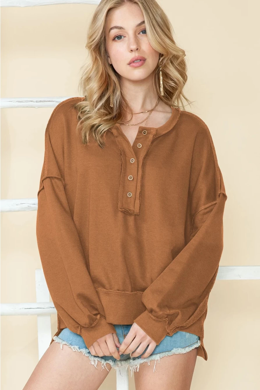Women's Chestnut Slouchy Drop Shoulder Henley Sweatshirt | Shewin Casual Comfort Pullover