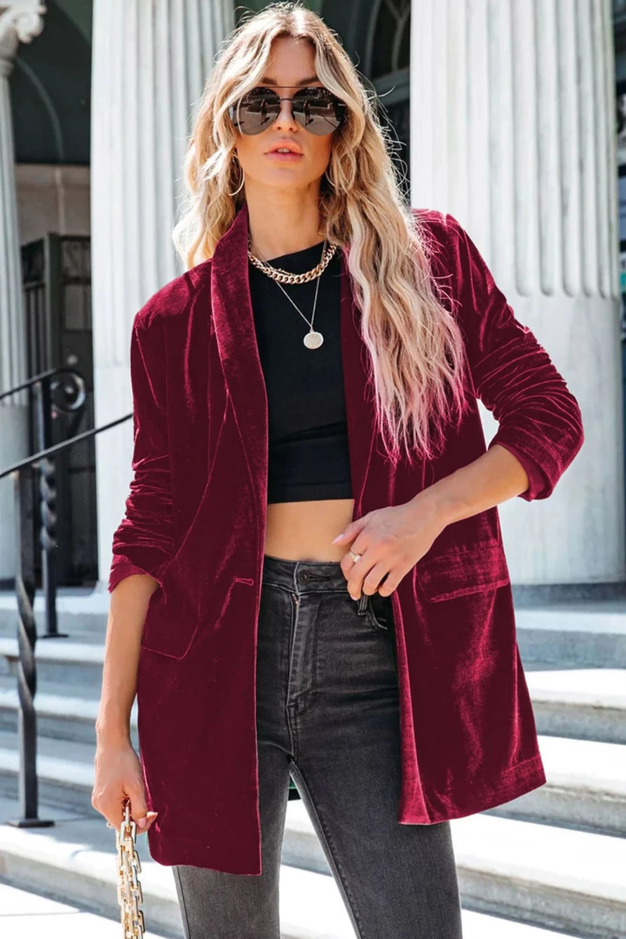 Women's Red Velvet Blazer with Lapel Collar & Flap Pockets by Shewin