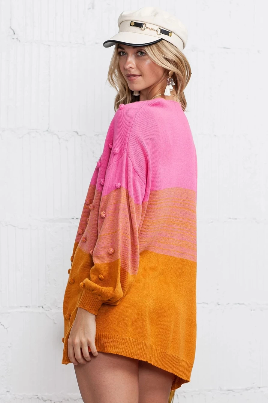 Shewin Women's Multicolor Pompom Color Block Open Front Cardigan Sweater