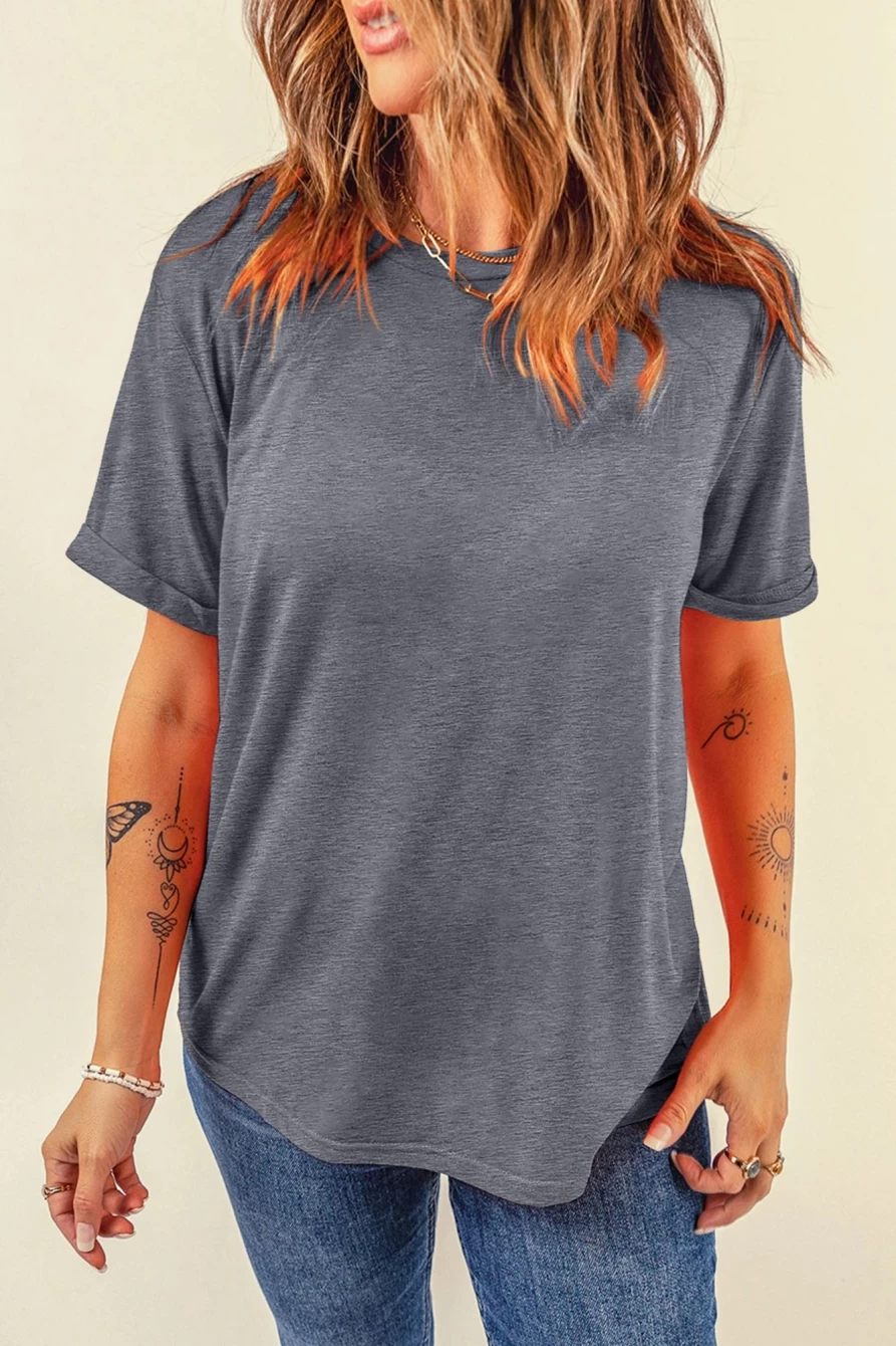 Shewin Women's Basic Gray Crew Neck Plain Tee - Solid Color Casual T-Shirt