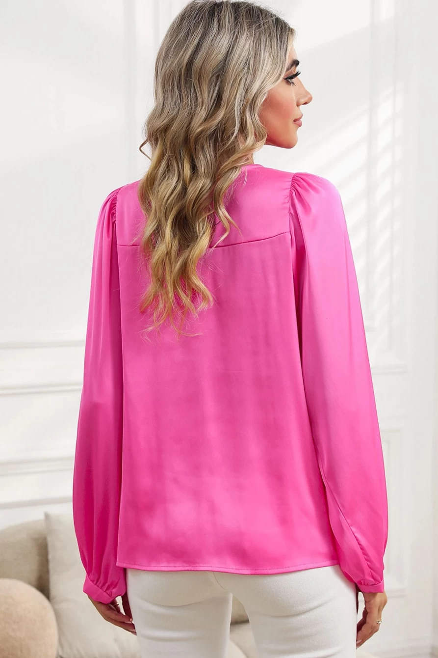 Shewin Women's Pink Satin Puff Long Sleeve Crewneck Blouse - Elegant Casual Top