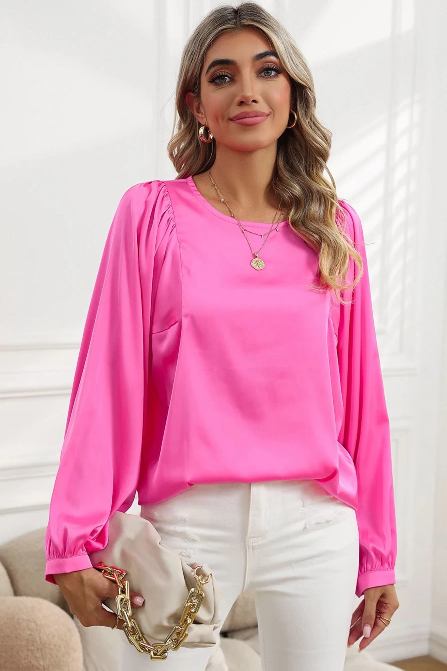 Shewin Women's Pink Satin Puff Long Sleeve Crewneck Blouse - Elegant Casual Top