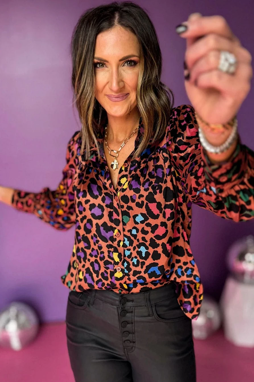 "SheWin Women's Brown Leopard Print Balloon Sleeve Blouse - Colorful Chic Top"