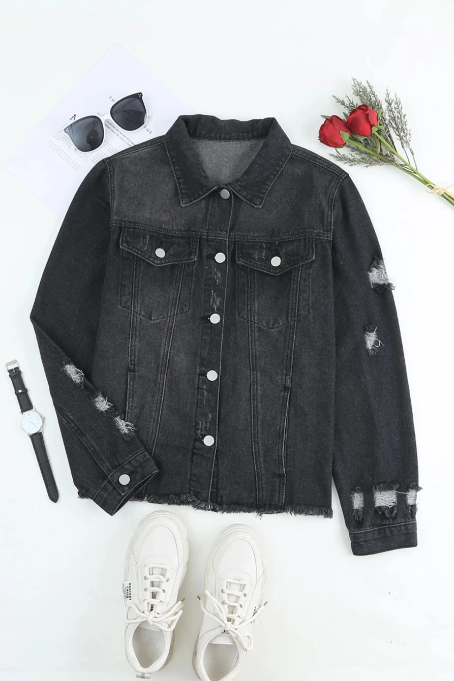 Shewin Women's Black Distressed Denim Jacket with Raw Hem & Button Detail - Casual Vintage Style