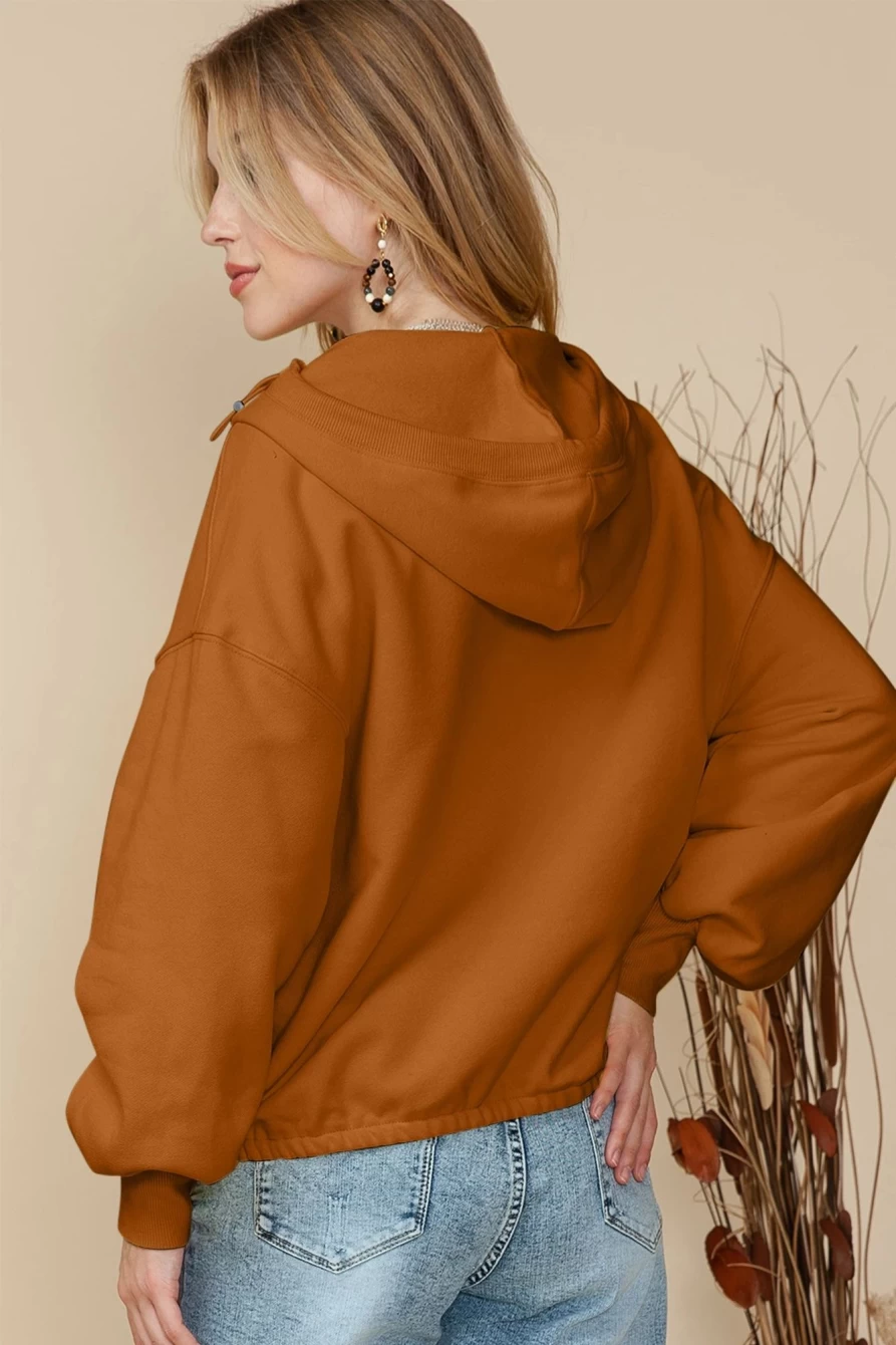 Women's Brown-2 Half Zip Kangaroo Pocket Pullover Hoodie | SHEWIN