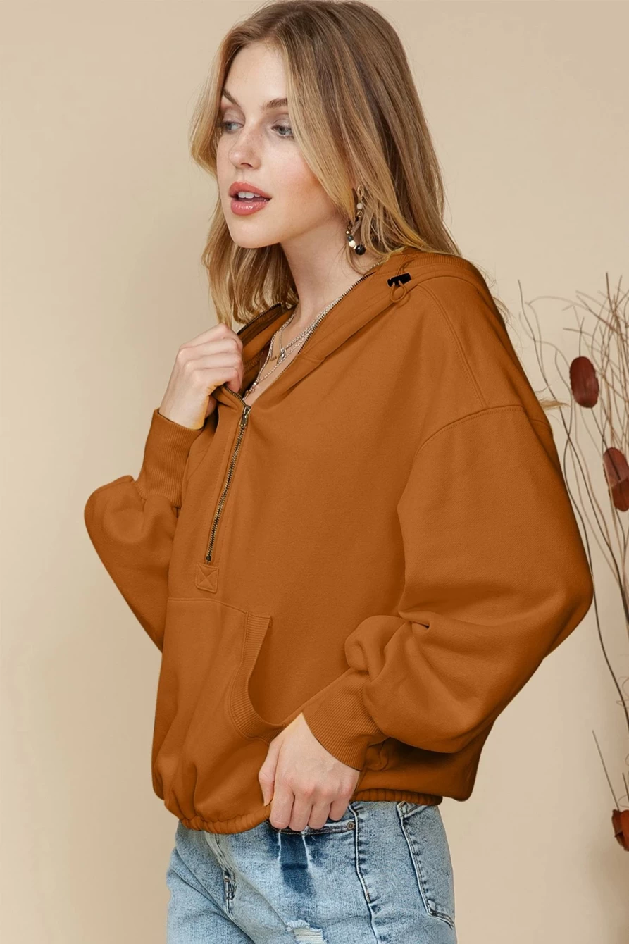Women's Brown-2 Half Zip Kangaroo Pocket Pullover Hoodie | SHEWIN