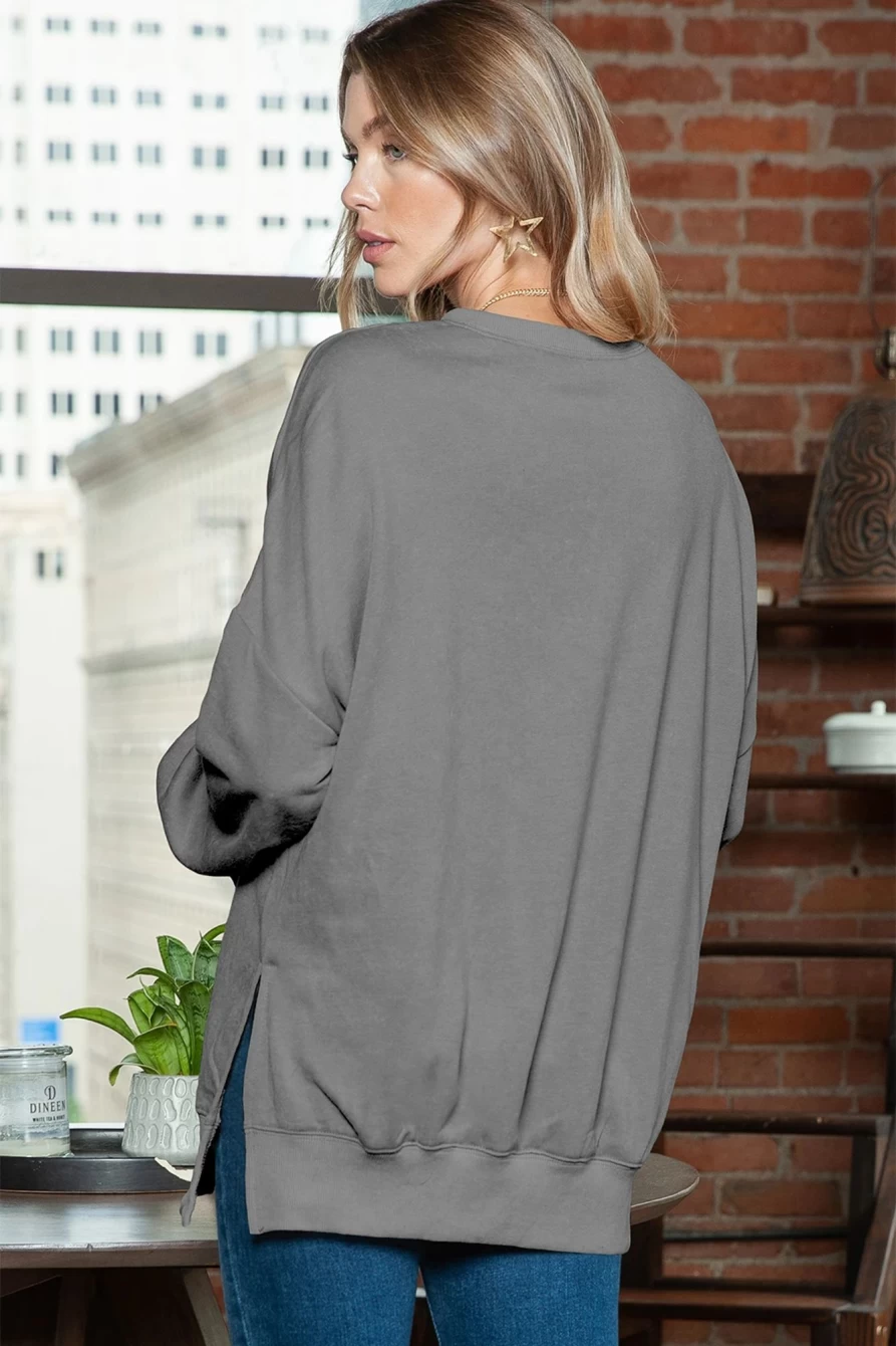 Shewin Women's Gray Oversized Drop Shoulder Sweatshirt with Ribbed Trim - Comfortable Plain Design