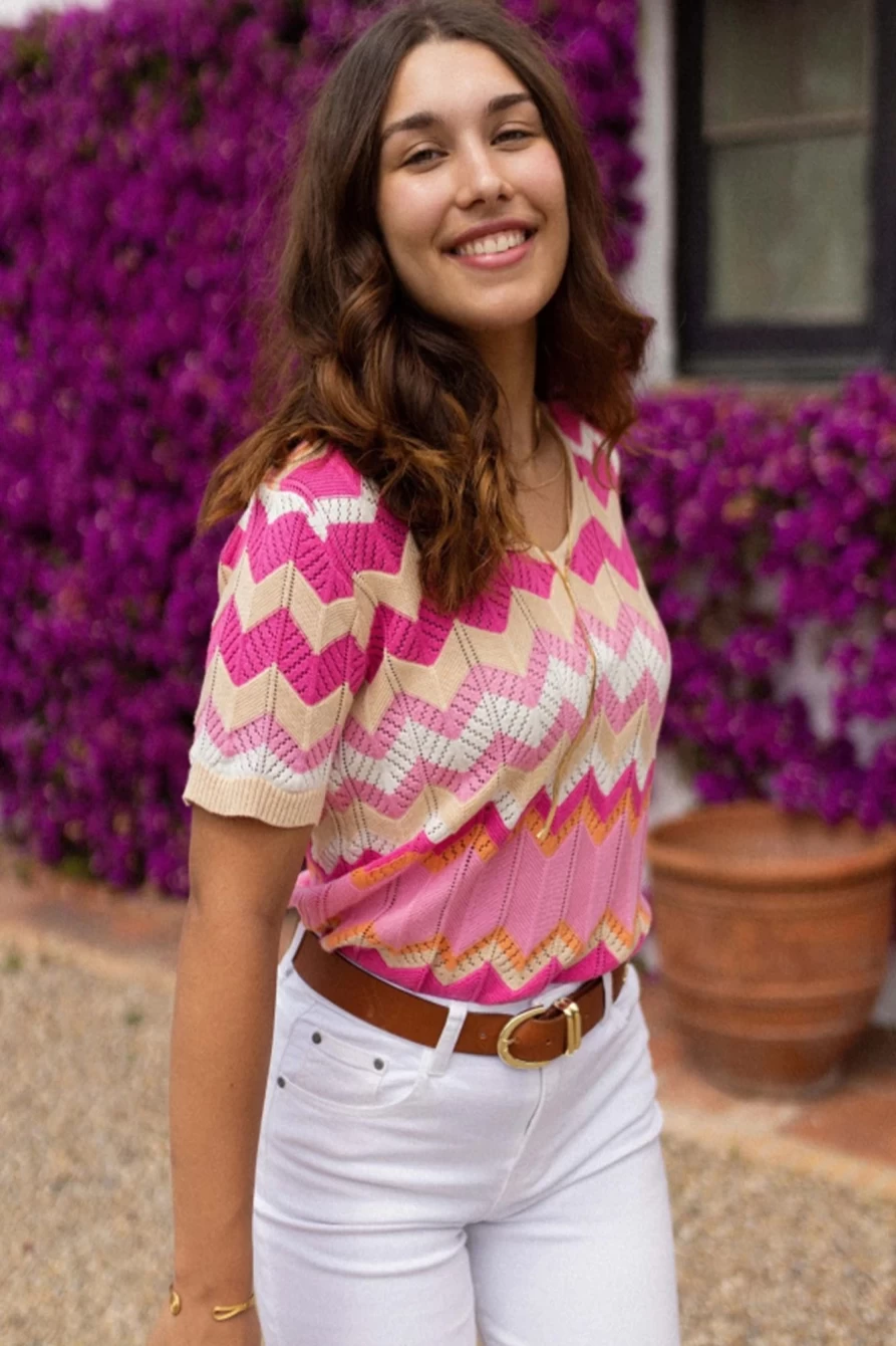 Women's Pink Stripe V-Neck Short Sleeve Knit T-Shirt - Shewin Chevron Pattern Pointelle Top