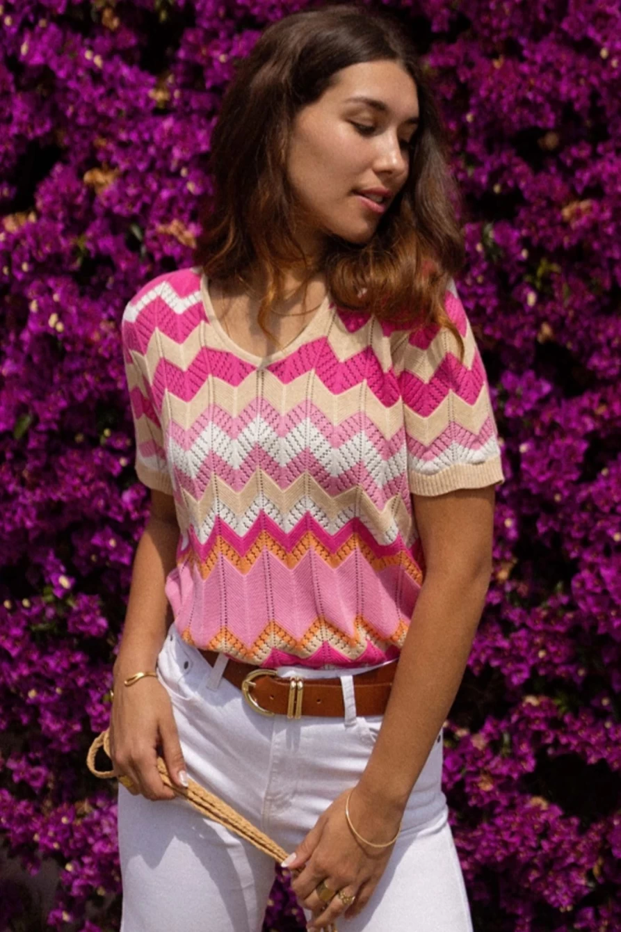 Women's Pink Stripe V-Neck Short Sleeve Knit T-Shirt - Shewin Chevron Pattern Pointelle Top