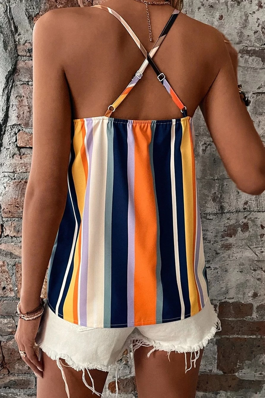 Shewin Women's Multicolour Striped Crisscross Strap Cami Top
