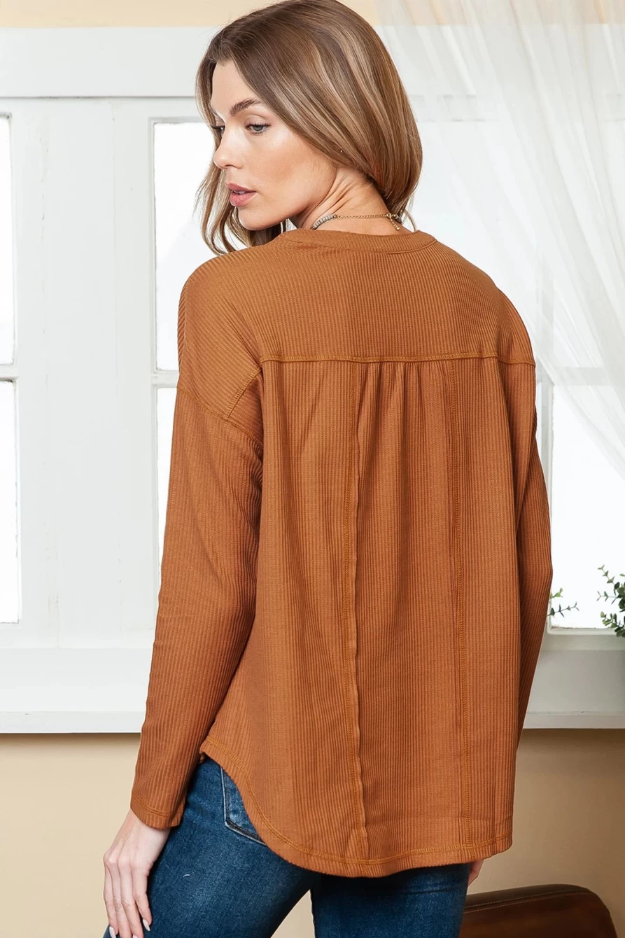 "SheWin Women's Brown Waffle Knit Henley Shirt Casual Button-Up Top"