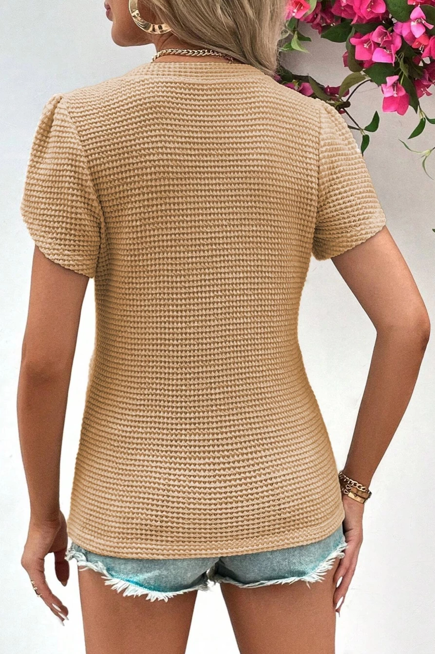 Shewin Women's Camel V-Neck T-Shirt with Petal Sleeves & Waffle Knit Texture