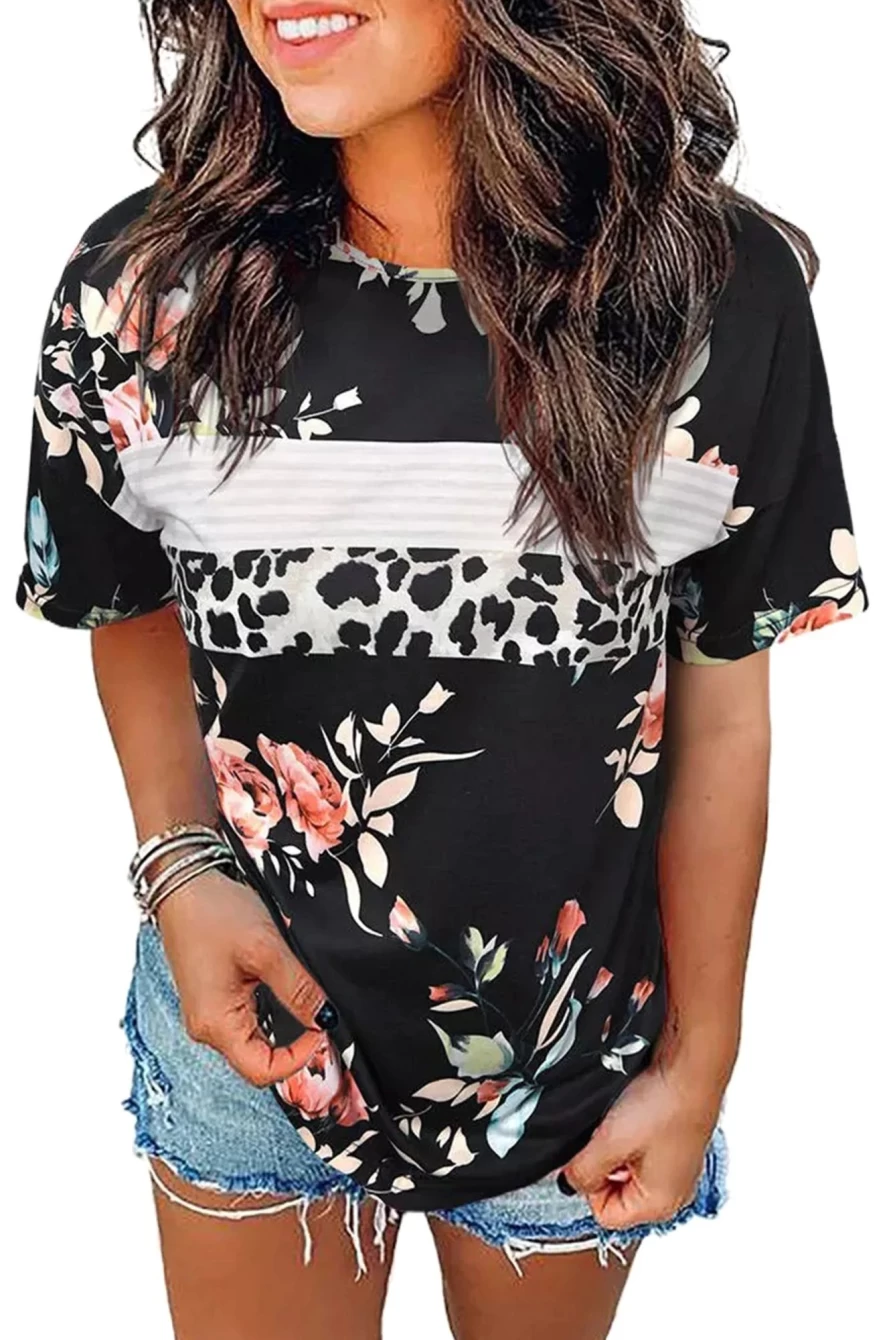 Shewin Women's Black Floral Leopard Print Short Sleeve Summer Top
