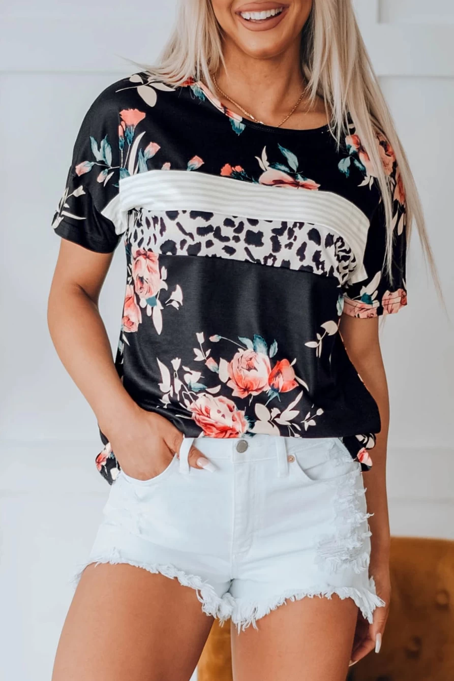 Shewin Women's Black Floral Leopard Print Short Sleeve Summer Top
