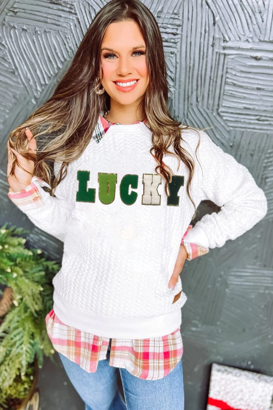 Shewin Women's White Lucky Letter Patch Quilted Sweatshirt - Cozy Embroidered Pullover
