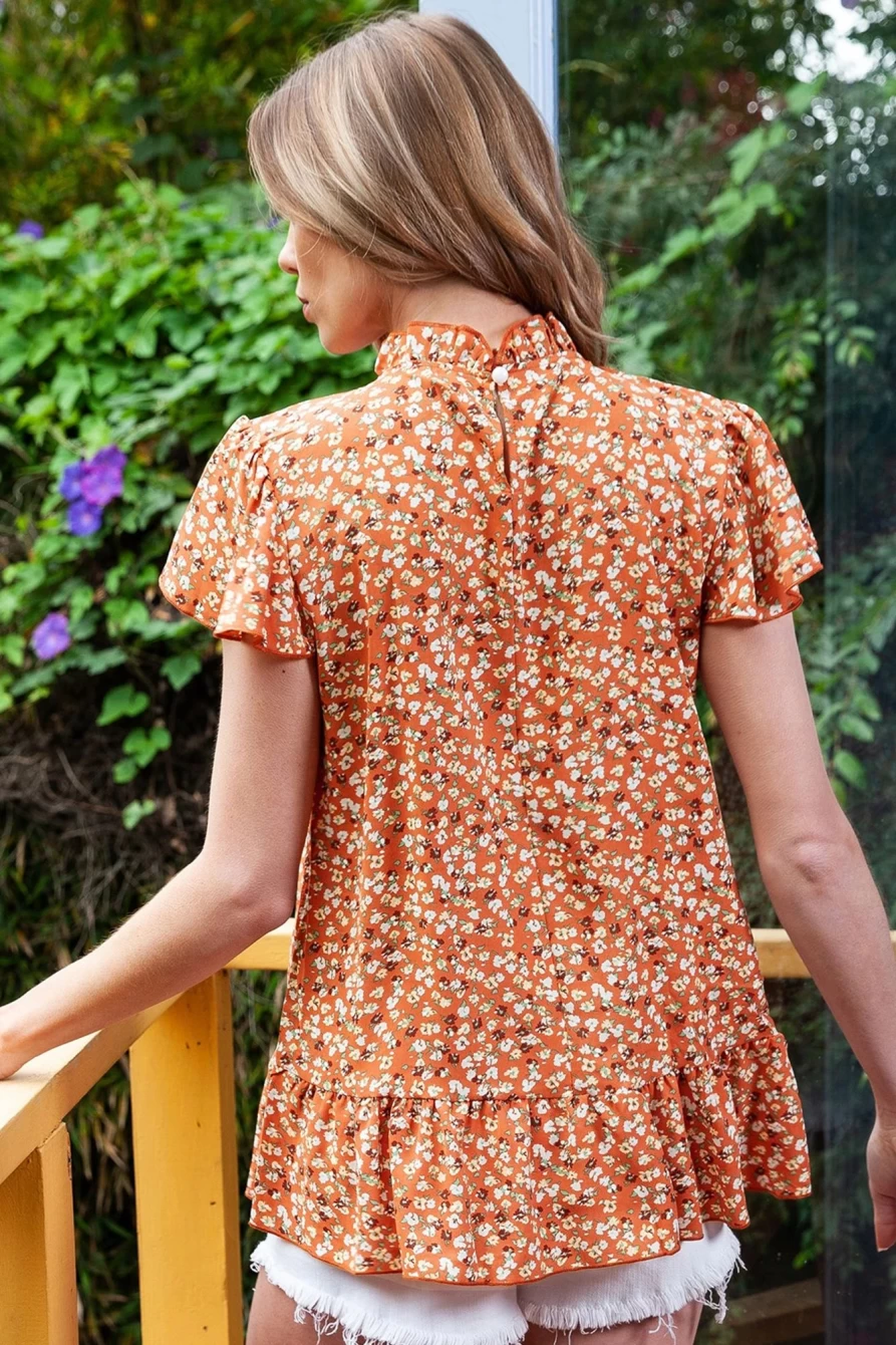 Shewin Women's Orange Boho Floral Blouse with Ruffle Neck and Flounce Sleeves