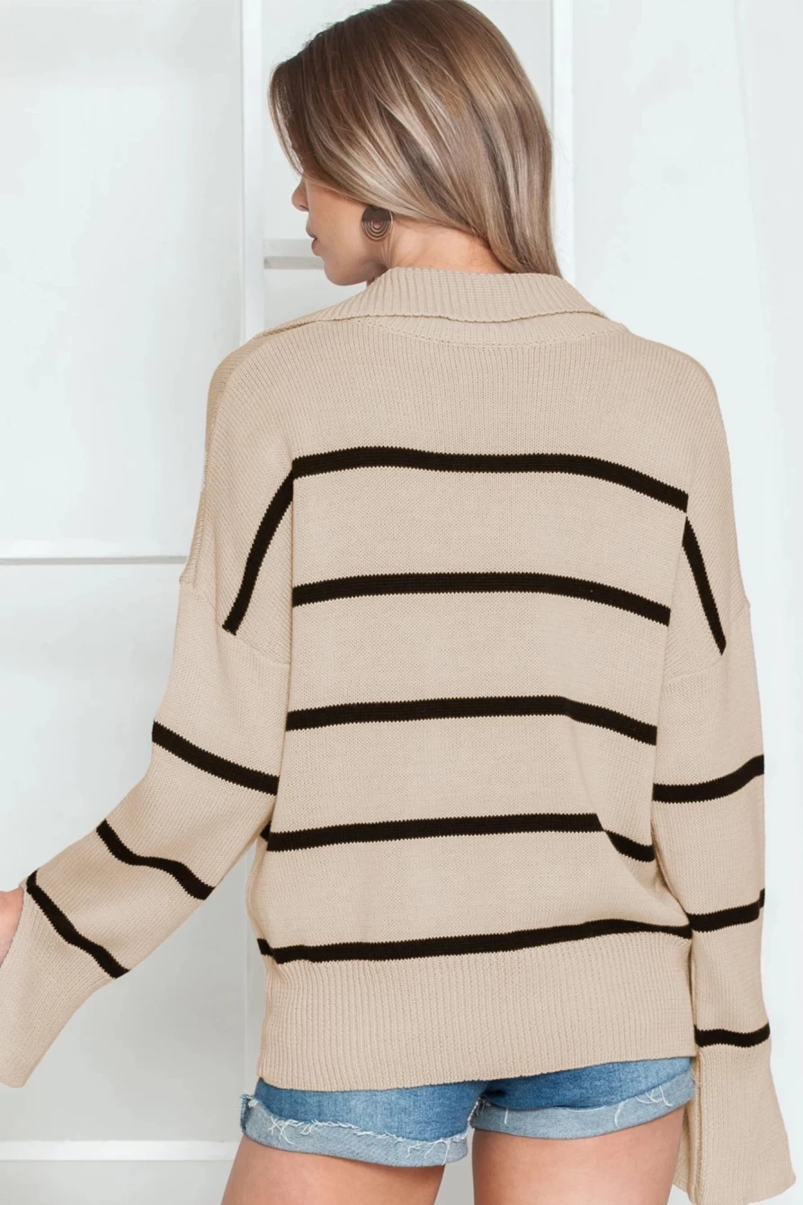 Shewin Women's Khaki Striped Knit Collared Pullover Sweater