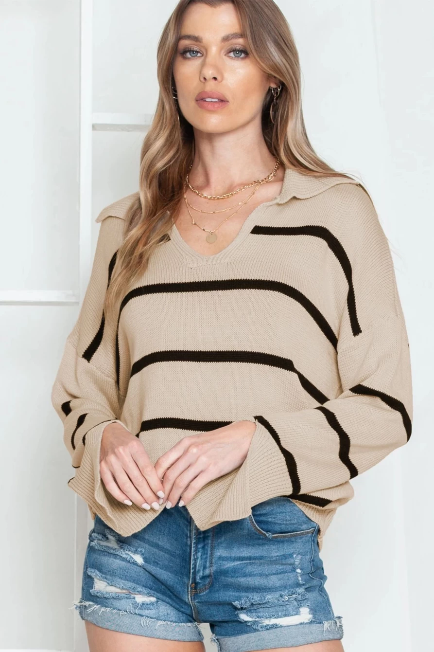 Shewin Women's Khaki Striped Knit Collared Pullover Sweater