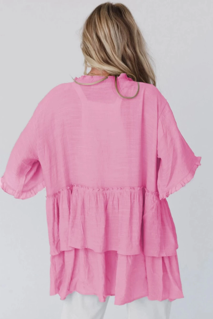 "SheWin Women's Pink Ruffled Trim Short Sleeve Open Front Kimono Cardigan"
