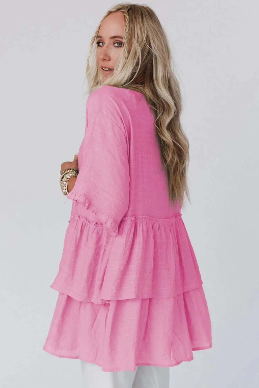 "SheWin Women's Pink Ruffled Trim Short Sleeve Open Front Kimono Cardigan"