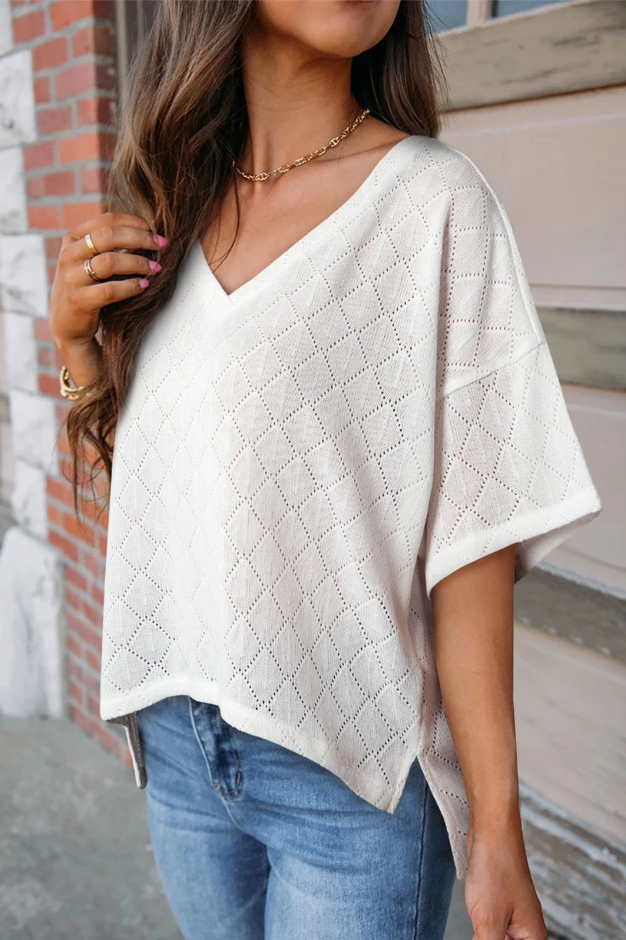 Shewin Women's White Oversized V-Neck Knitted Blouse with Side Slits - Flowy Top