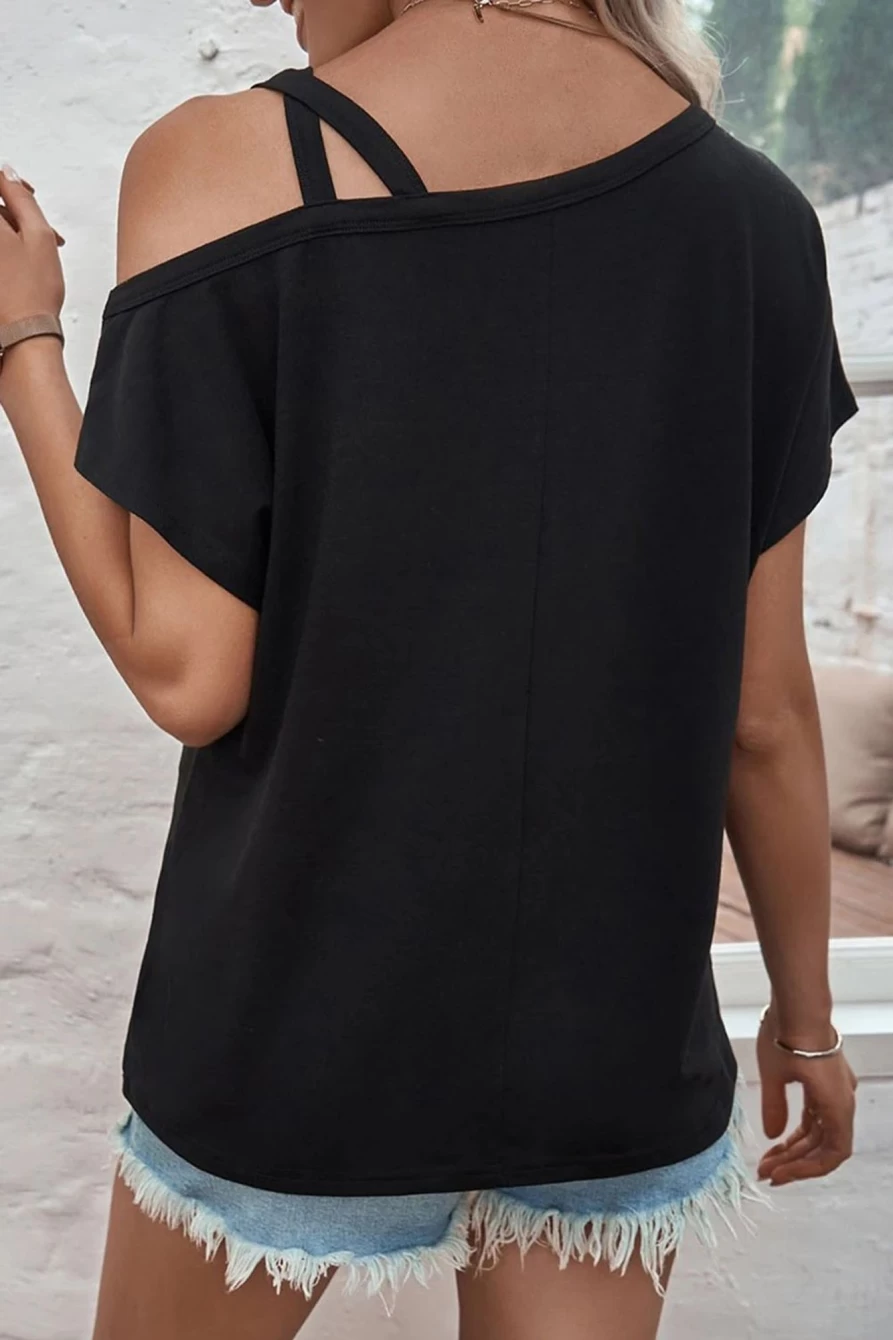 Shewin Women's Black Asymmetric Criss Cross Cold Shoulder T-Shirt