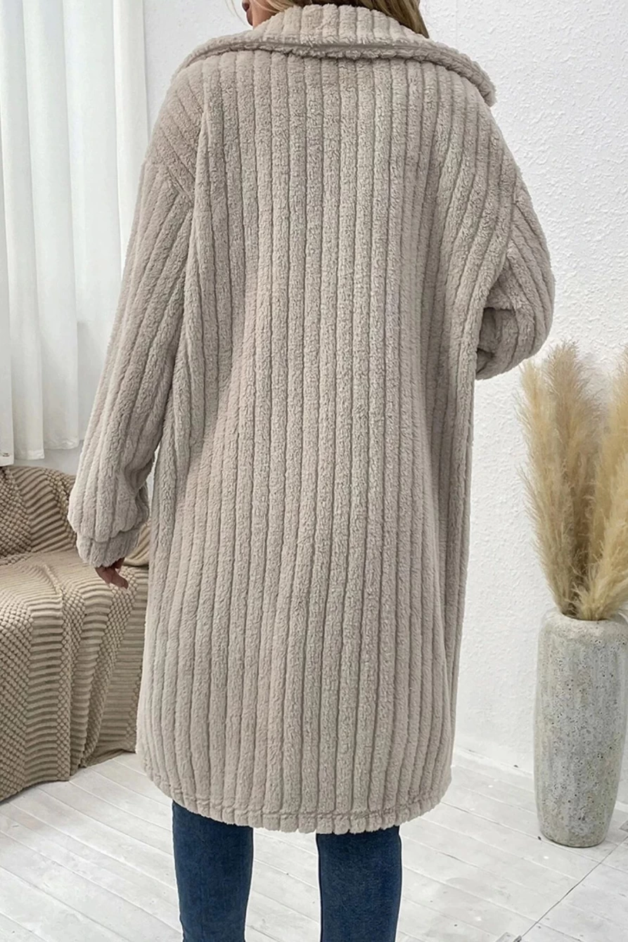 Shewin Women's Light Grey Flannel Maxi Coat with Buttons & Pockets