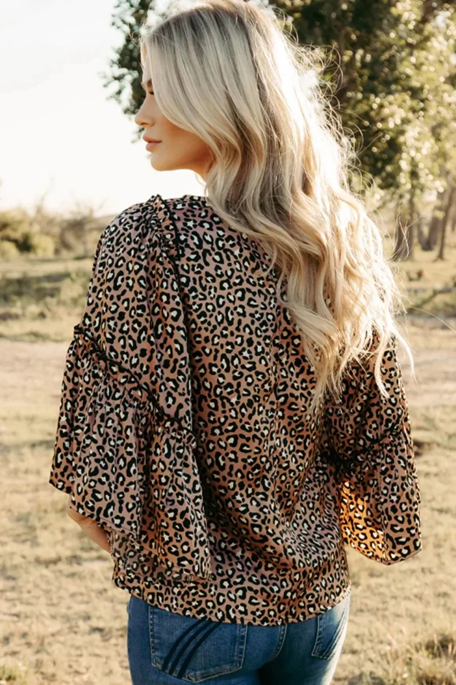 Shewin Women's Chestnut Leopard Print Blouse with Ruffle Flounce Sleeves