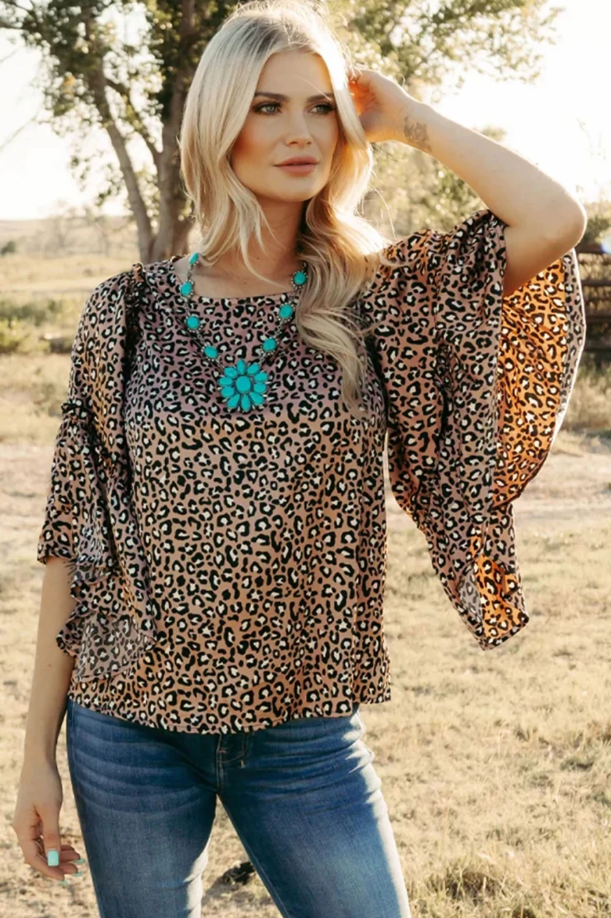 Shewin Women's Chestnut Leopard Print Blouse with Ruffle Flounce Sleeves