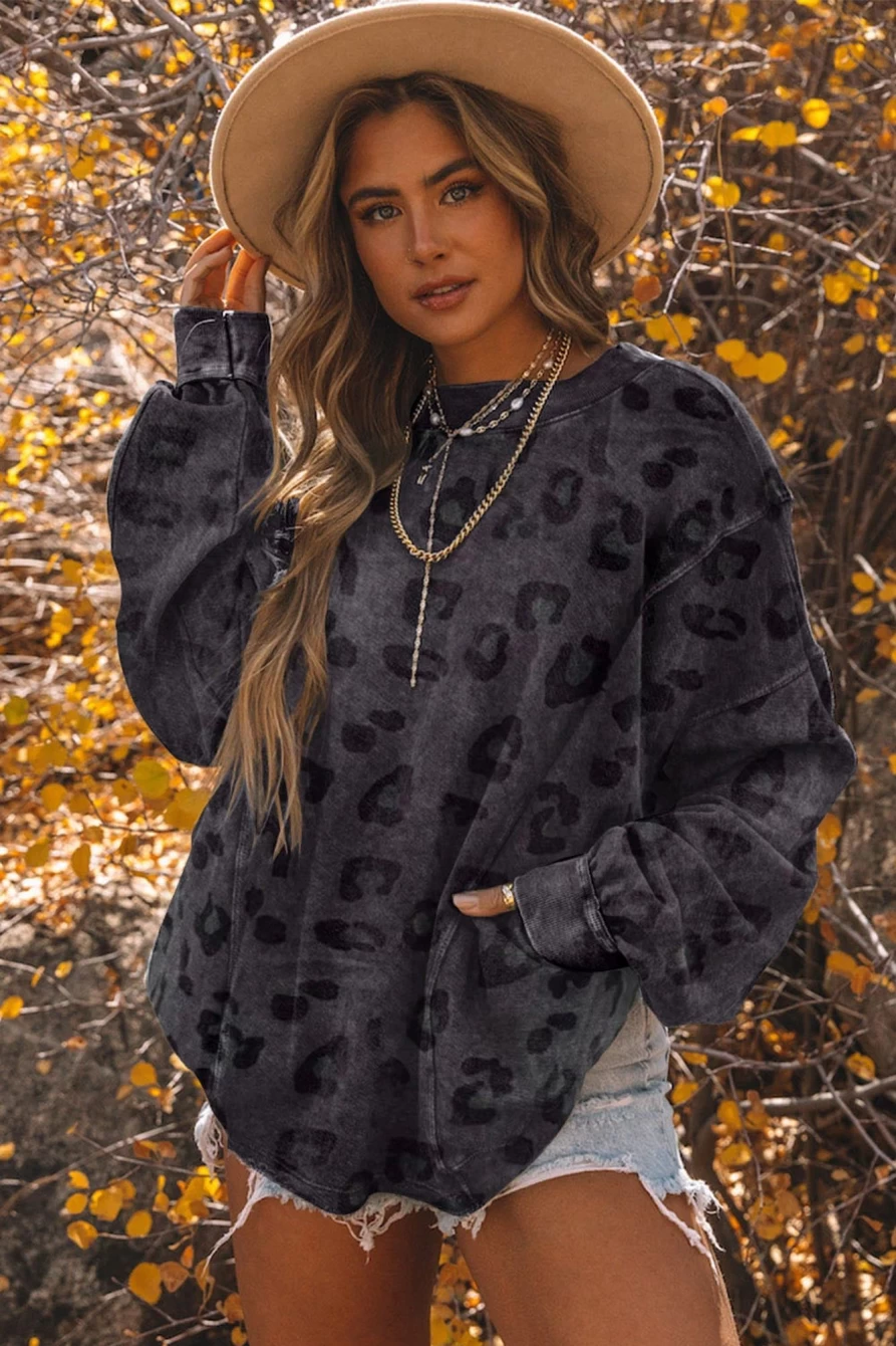 Shewin Women's Carbon Grey Leopard Print Drop Sleeve Washed Sweatshirt