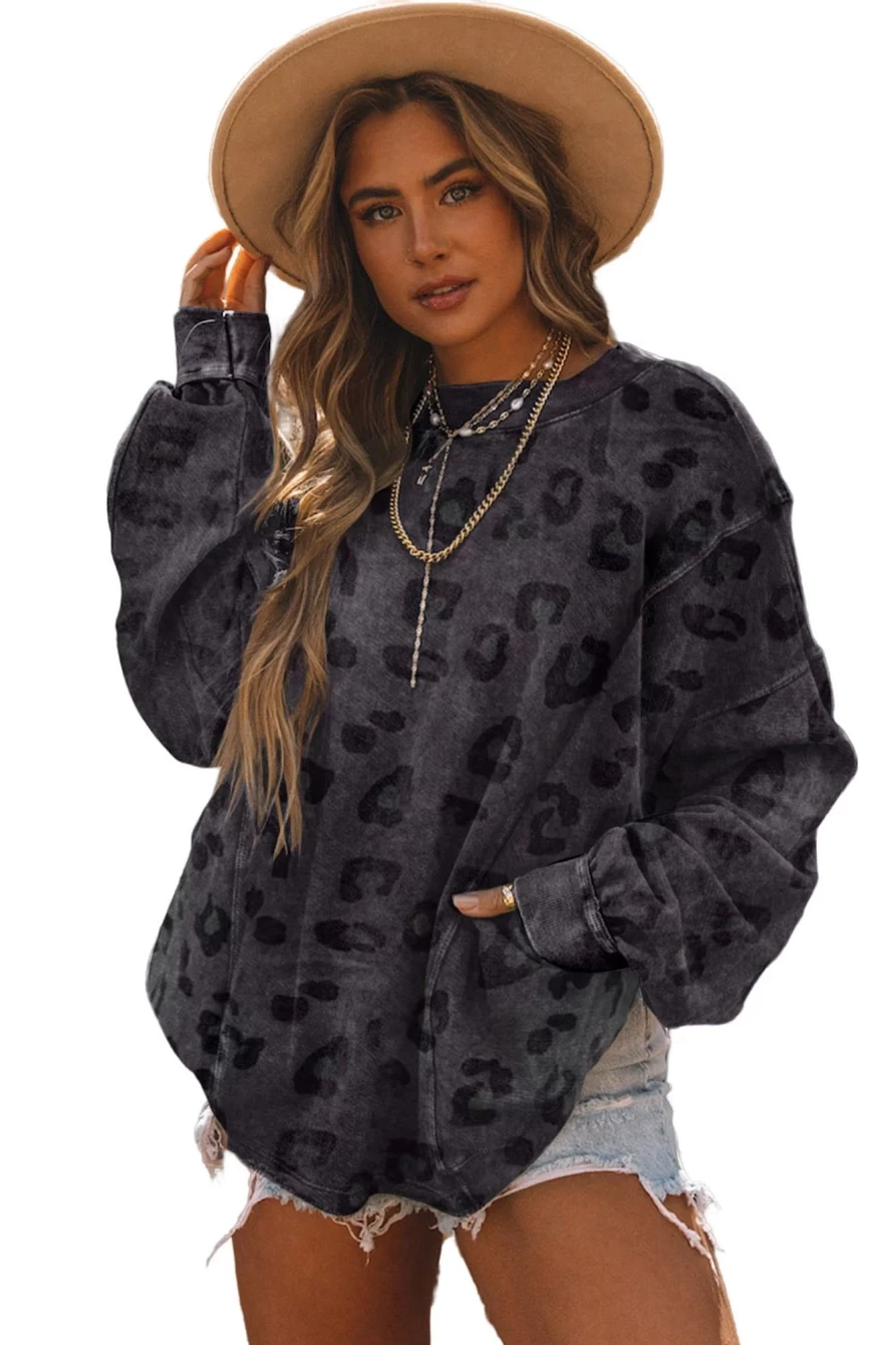 Shewin Women's Carbon Grey Leopard Print Drop Sleeve Washed Sweatshirt