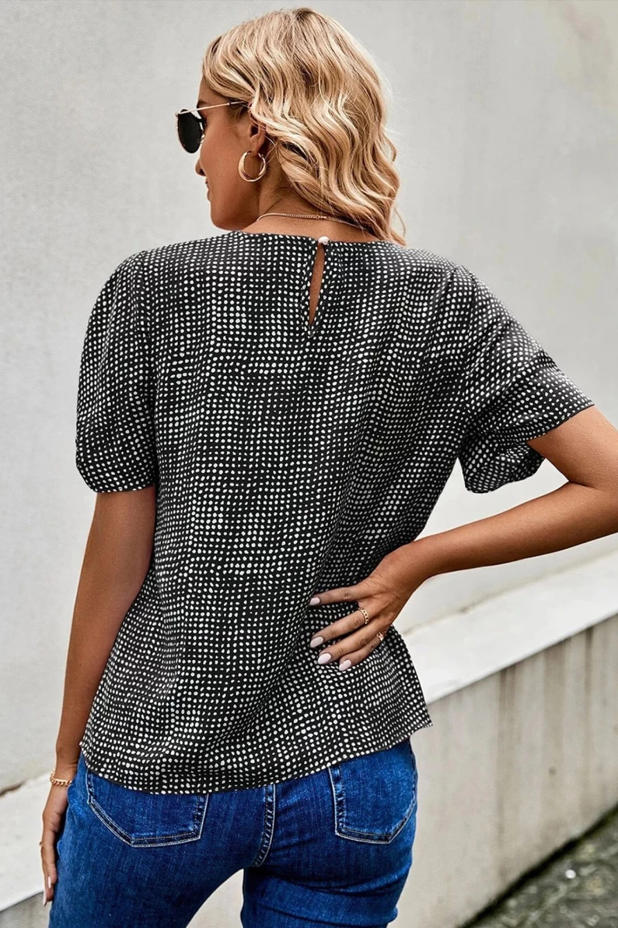 Shewin Women's Black Dotted Puff Sleeve Round Neck Blouse