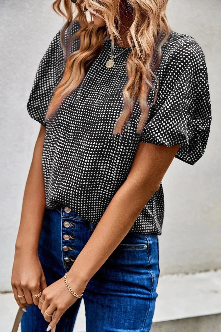 Shewin Women's Black Dotted Puff Sleeve Round Neck Blouse