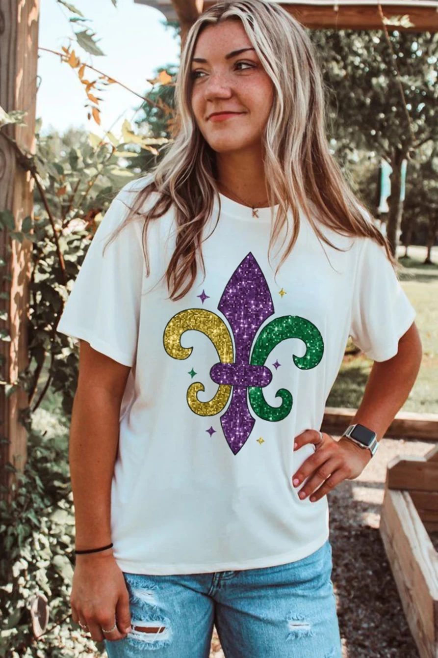 Shewin Women's White Fleur De Lis Graphic T-Shirt - Mardi Gras Themed Crew Neck Tee