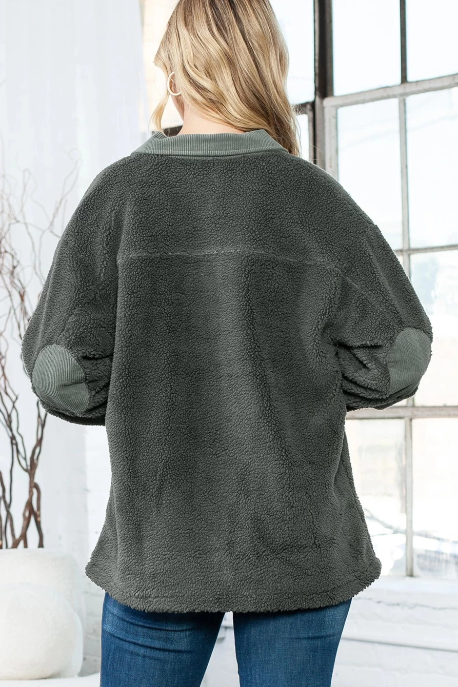 Women's Gray Corduroy Sherpa Coat with Elbow Patches | Shewin Winter Warm Jacket