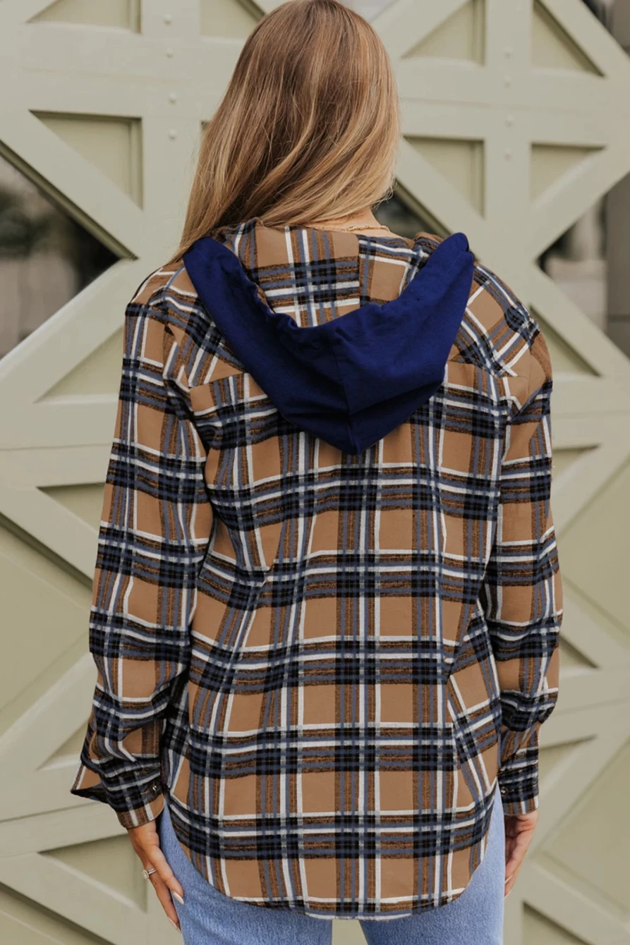 Shewin Women's Mazarine Blue Plaid Contrast Trim Hooded Shacket with Drawstring