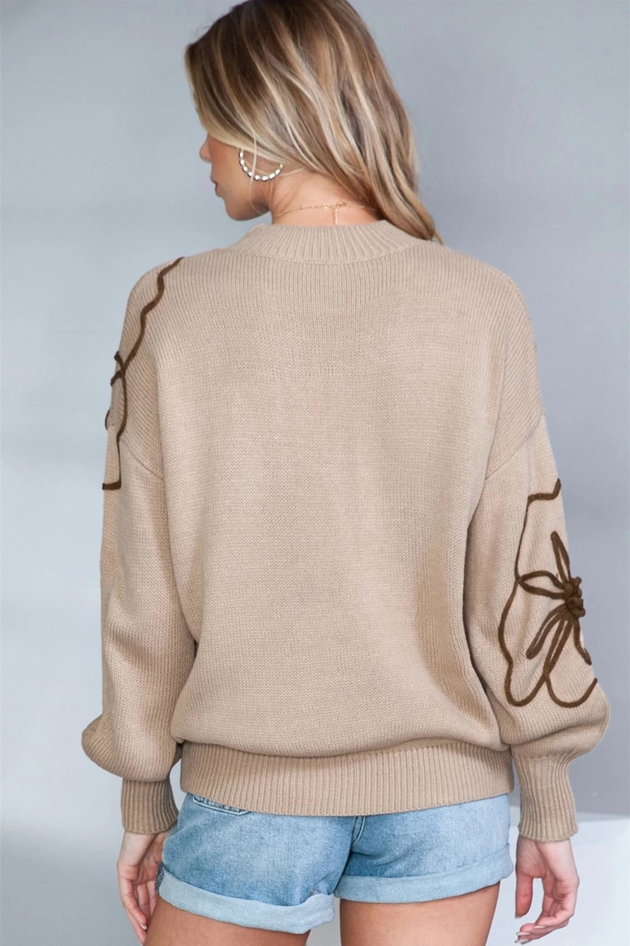 Shewin Women's Flaxen Khaki Floral Knit Sweater with Lantern Sleeves