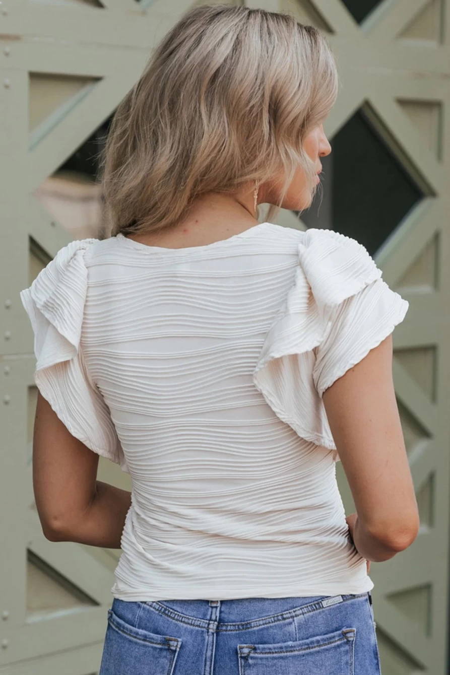 Shewin Women's White Casual Blouse with Wavy Textured Ruffle Sleeves