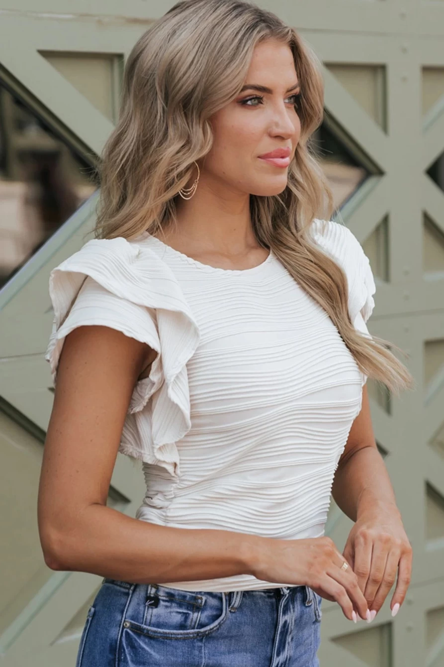 Shewin Women's White Casual Blouse with Wavy Textured Ruffle Sleeves
