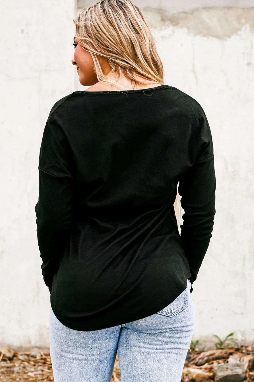 Shewin Women's Christmas Wish Graphic V-Neck Long Sleeve Black Top