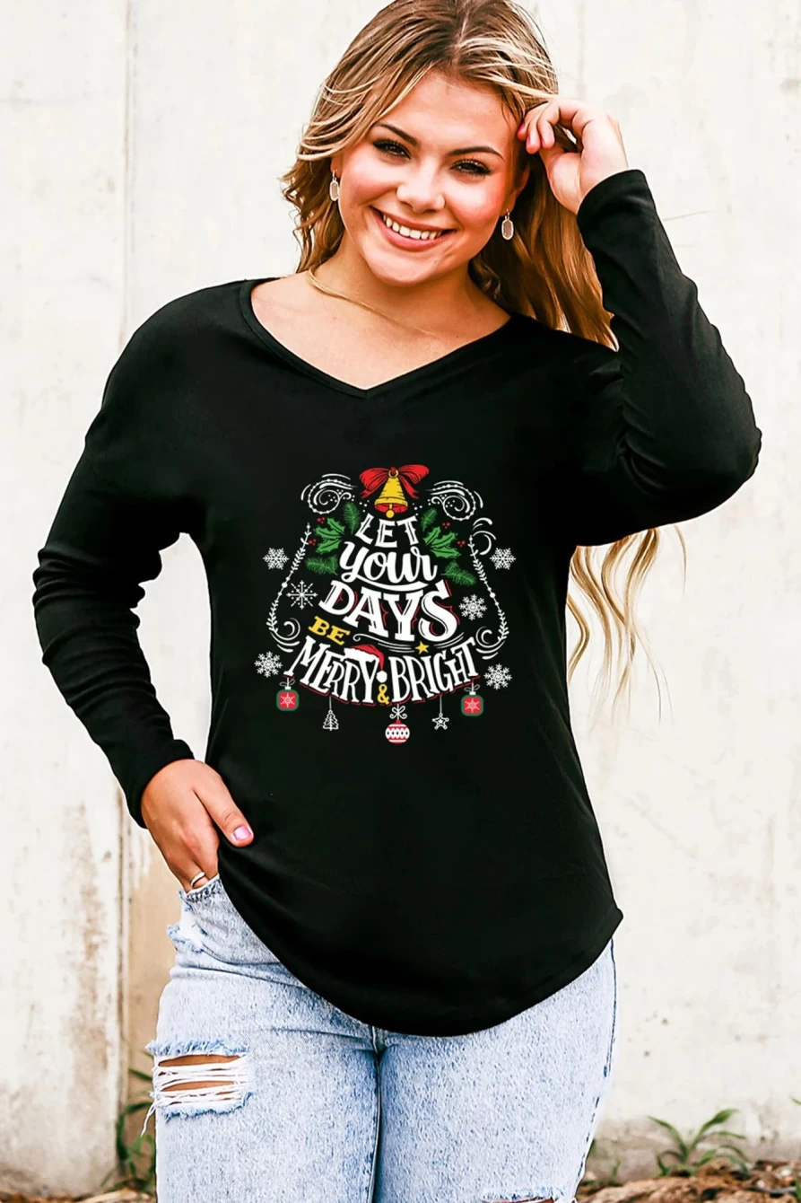 Shewin Women's Christmas Wish Graphic V-Neck Long Sleeve Black Top
