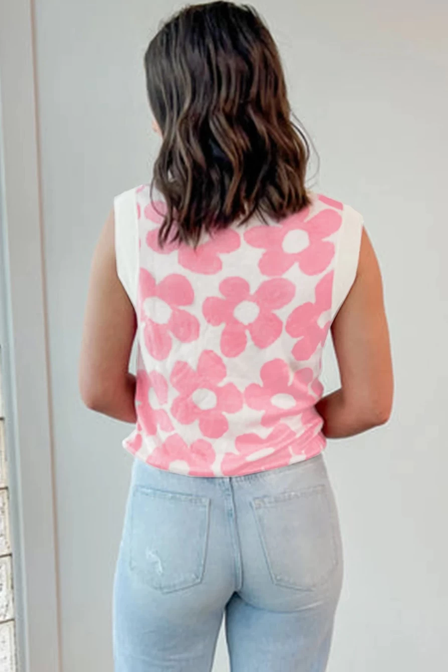 Shewin Women's Pink Floral V-Neck Knitted Vest with Contrast Trim