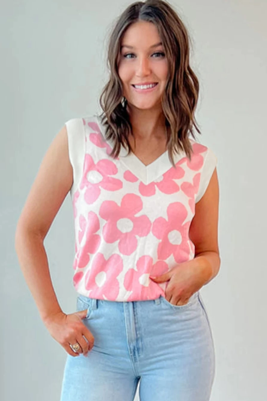 Shewin Women's Pink Floral V-Neck Knitted Vest with Contrast Trim