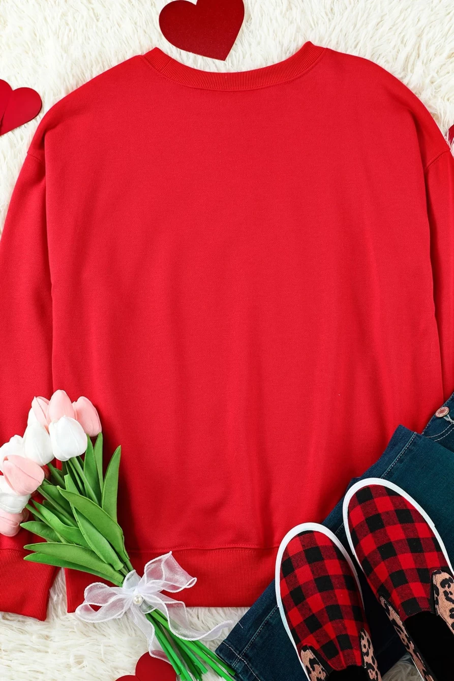 Shewin Women's Red-2 XOXO Heart Print Valentine's Day Graphic Sweatshirt
